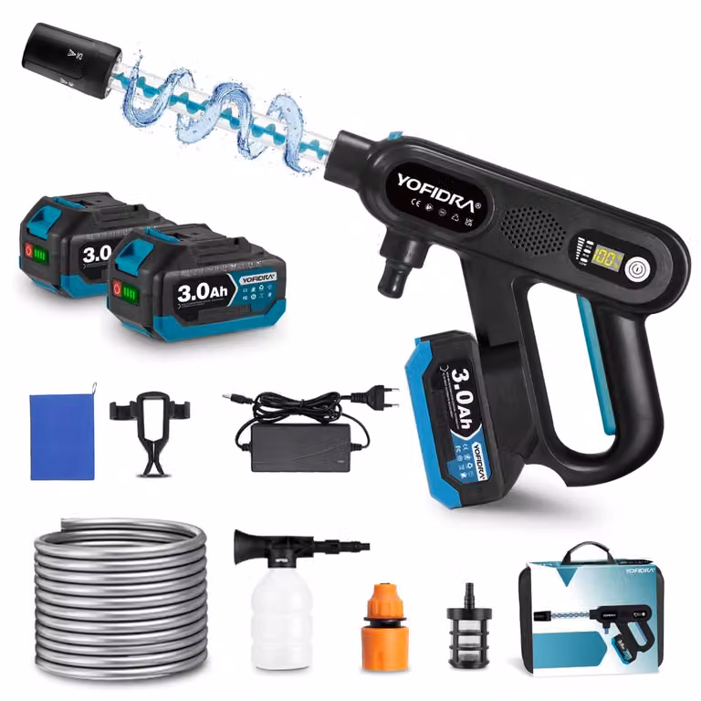 Idropulitrice a batteria da 18 V, con 2 batterie da 3,0 Ah, tubo da 5 metri, pressione di 80 bar