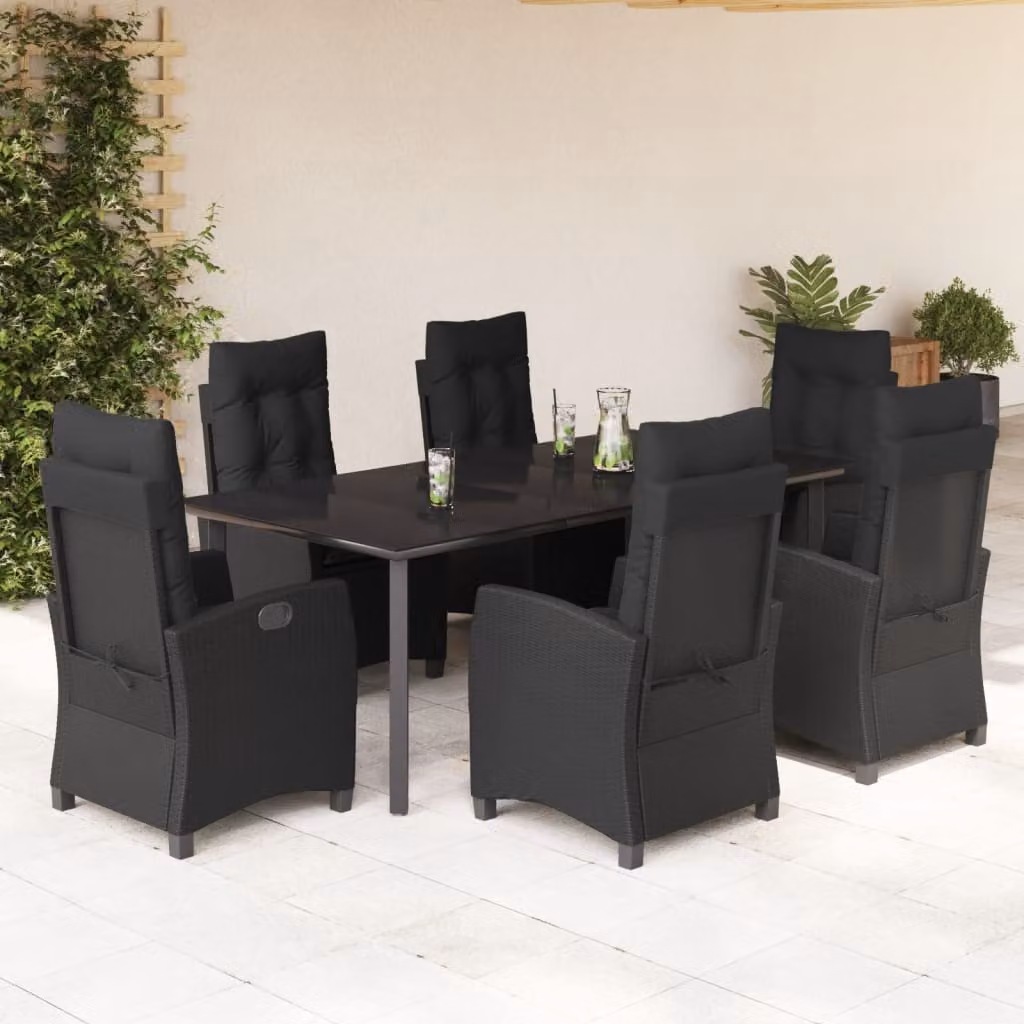 Set da Pranzo da Giardino vidaXL 7 pz in Polyrattan Nero con Piano in Vetro – 1