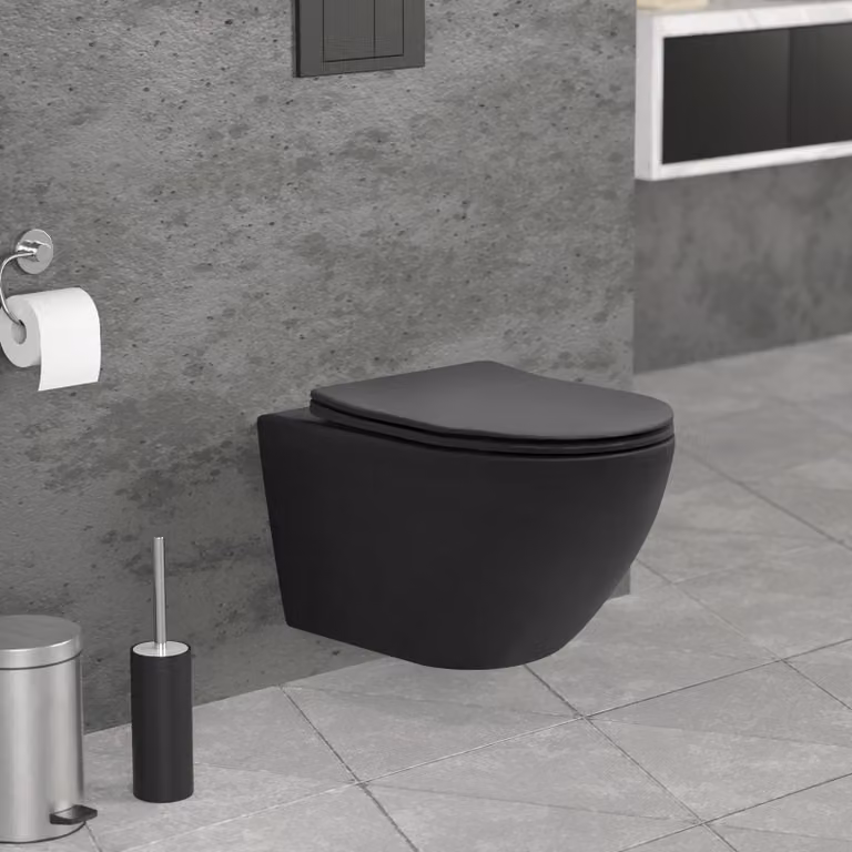 Water WC a pavimento, modello lungo, senza brida, finitura nera opaca, con nanotecnologia e sedile con chiusura ammortizzata