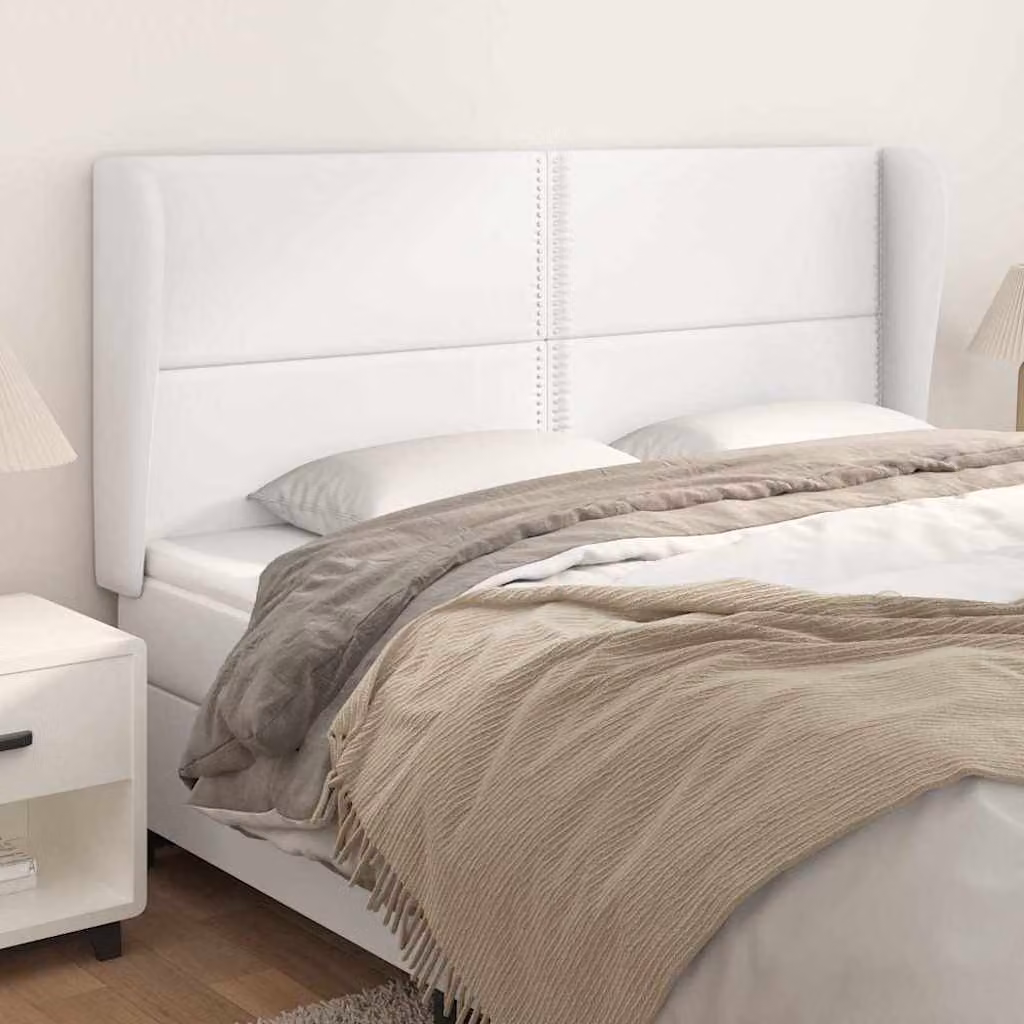 Testiera ad orecchio vidaXL in similpelle bianca con struttura in legno, L: 203 cm, P: 23 cm, H: 118/128 cm