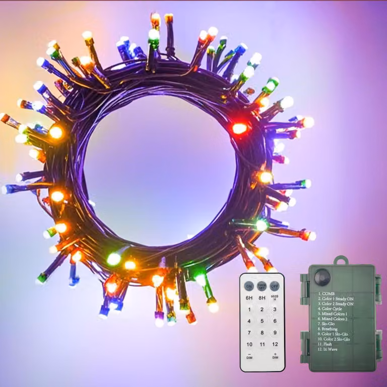 Catena luminosa a LED, 200 LED, alimentazione a batteria, telecomando, cambio colore, 10,5 metri