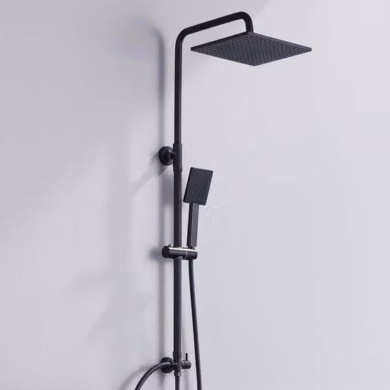 Set doccia Unyqoos® nero – soffione quadrato 25x25 cm, barra regolabile da 74 a 109 cm, doccetta manuale, tubo in acciaio inossidabile da 1,5 m, senza miscelatore