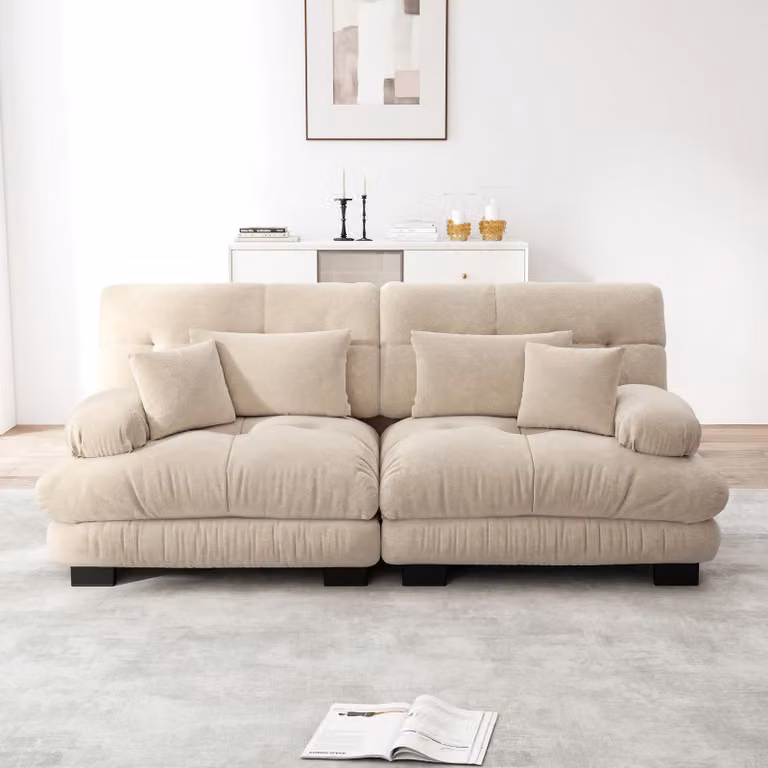 Divano angolare Sweiko Cloud per soggiorno, divano doppio in ciniglia con 2 cuscini lombari e 2 cuscini decorativi, struttura in legno massiccio, ciniglia marrone chiaro