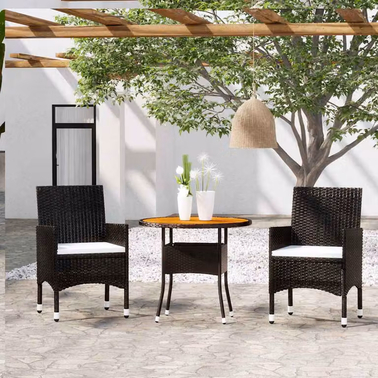 Set da pranzo per giardino e terrazza vidaXL in polyrattan nero con tavolo rotondo in legno di acacia e 2 sedie