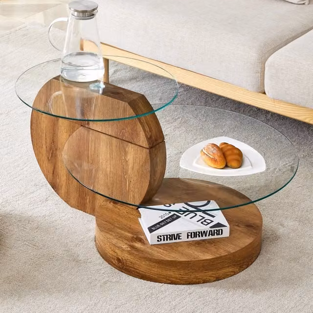 Tavolino da salotto con ripiani multilivello in vetro temperato e MDF, finitura legno, trasparente, soggiorno
