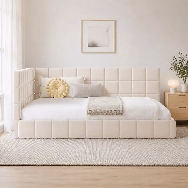 Letto da giorno imbottito in velluto con rete a doghe; funzione divano; 140 x 200 cm; beige