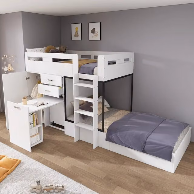 Letto a Castello con Scrivania Estraibile e Armadio ¨C Xylo ¨C Bianco, con Cassetti e Scala, 90x200