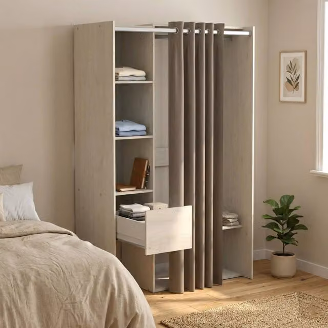Armadio moderno DMORA per camera da letto con cassetti integrati e ante a rullo, colore marrone quercia, L: 119,1 cm, P: 49,9 cm, H: 183 cm – 1