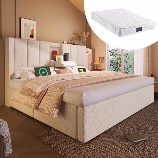 letto imbottito lino beige 160 x 200 cm