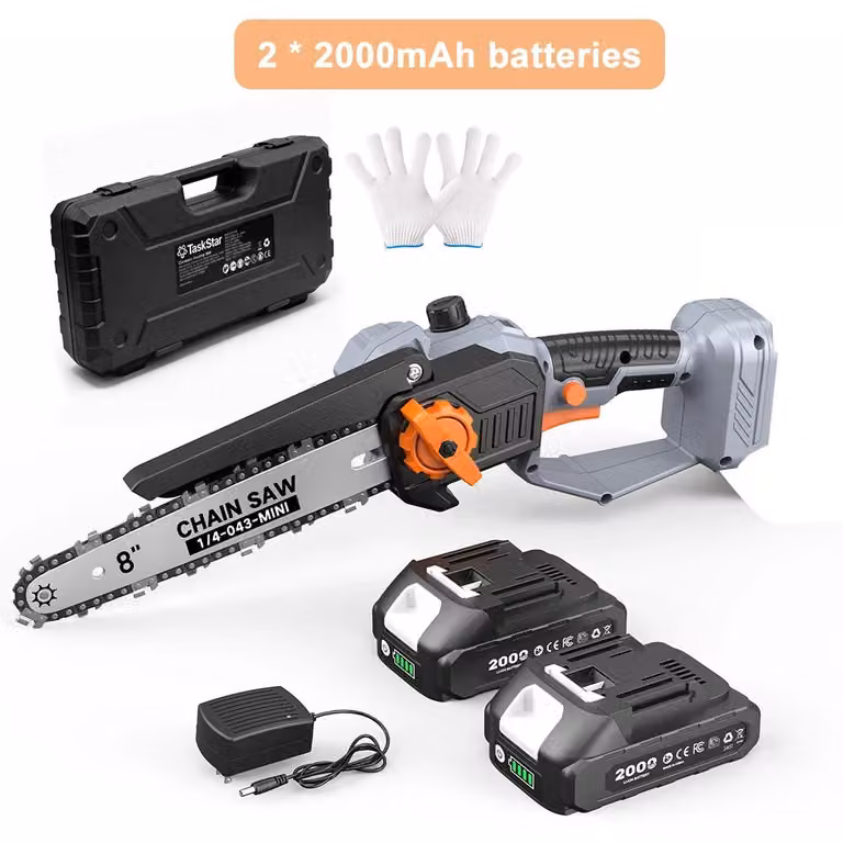 Mini motosega elettrica - Motosega a batteria - 20 V - 2 batterie da 2 Ah - Lame da 20,3 cm - Motore brushless - Lubrificazione automatica della catena - Caricabatterie per l'Unione Europea