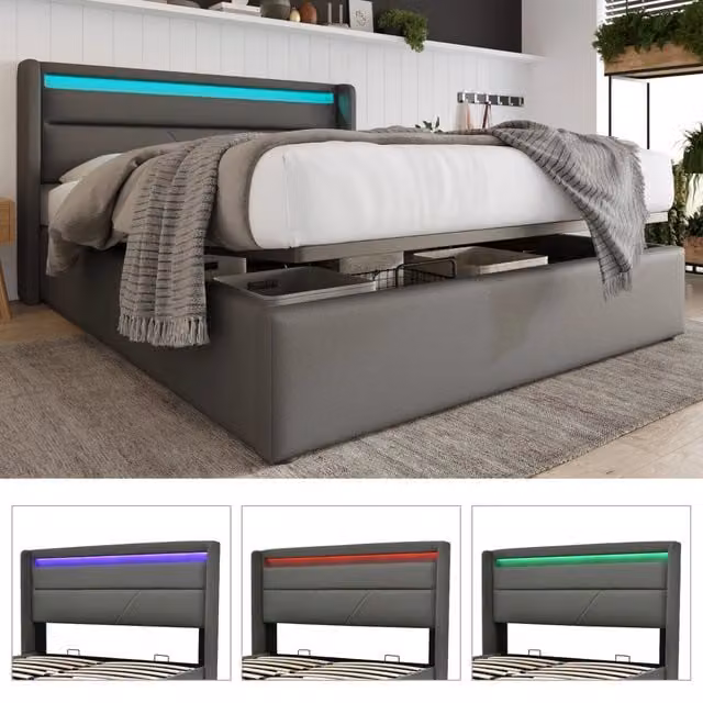 Letto Matrimoniale 140x200 con Contenitore Idraulico e Illuminazione LED; Struttura in Ecopelle PU; Grigio