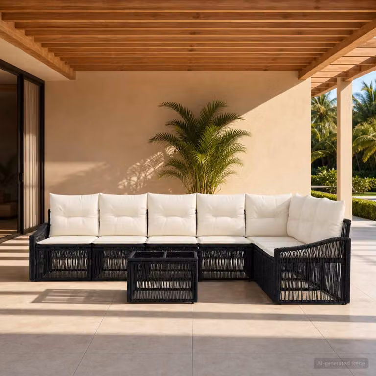 Set Divano da Giardino vidaXL 8 pz Nero con Tavolino e Cuscini in Polyrattan e Acciaio