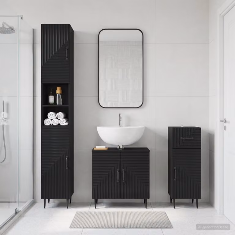 Set di 3 armadietti da bagno moderni vidaXL HAARLEM in legno MDF nero opaco L/P/H: 31.5 x 47.88 x 190.0 cm, 59.5 x 31.5 x 76.7 cm e 31.5 x 47.88 x 59.5 cm