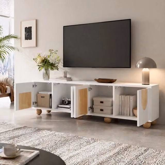 Mobile TV con quattro ante in MDF e PB, 175x38x50 cm, finitura bianco e legno naturale