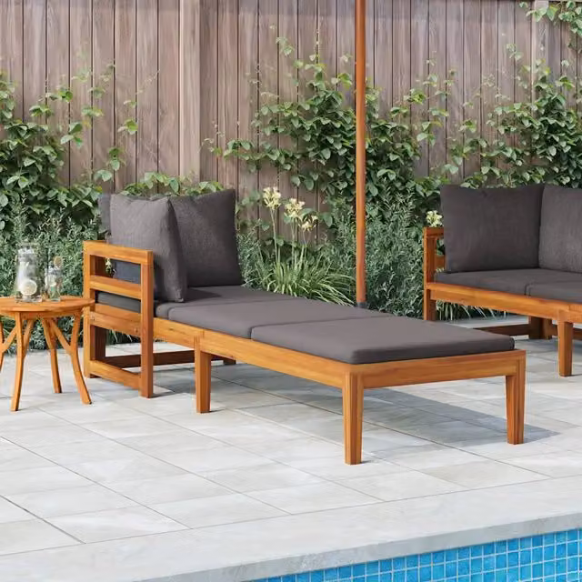 Lettino prendisole vidaXL in legno di acacia oliato con bracciolo e tessuto resistente ai raggi UV grigio e marrone L: 151 cm, P: 66 cm, H: 60 cm – 1