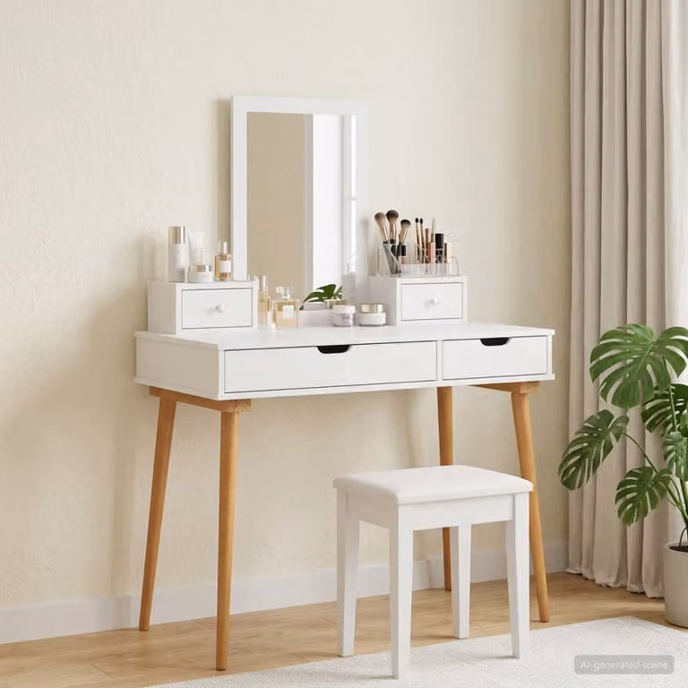 Set Tavolo da Trucco vidaXL FAUSKE 4 pz Bianco L/P/H: 100 x 50 x 143 cm