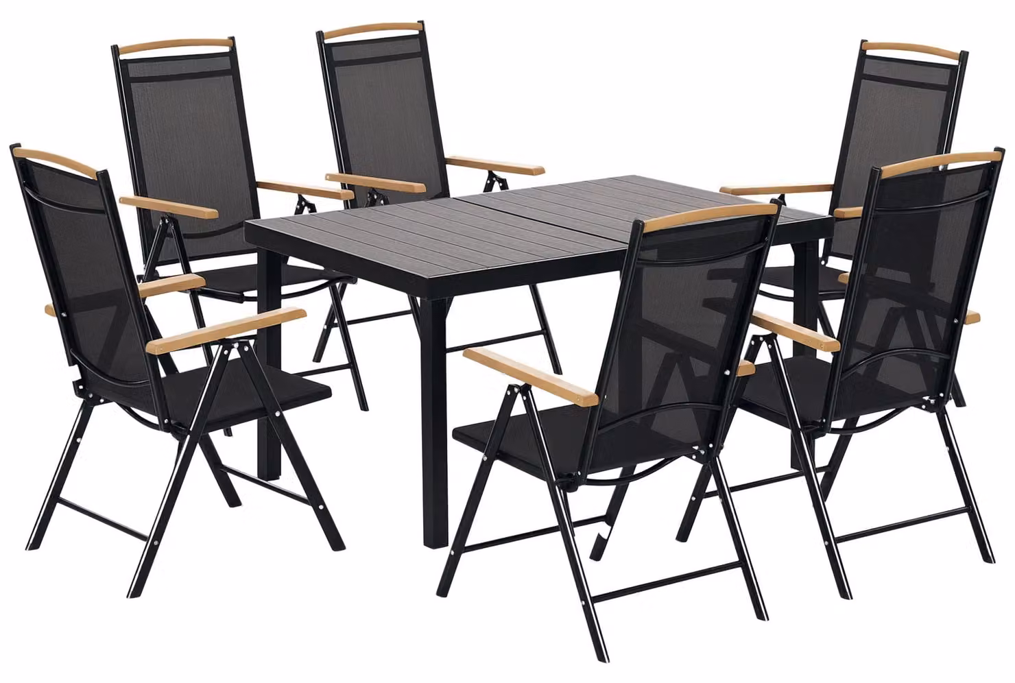 Set da salotto per balcone, composto da 1 tavolo e 6 sedie, pieghevole, 7 pezzi, in metallo, con rivestimento in polvere, colore nero