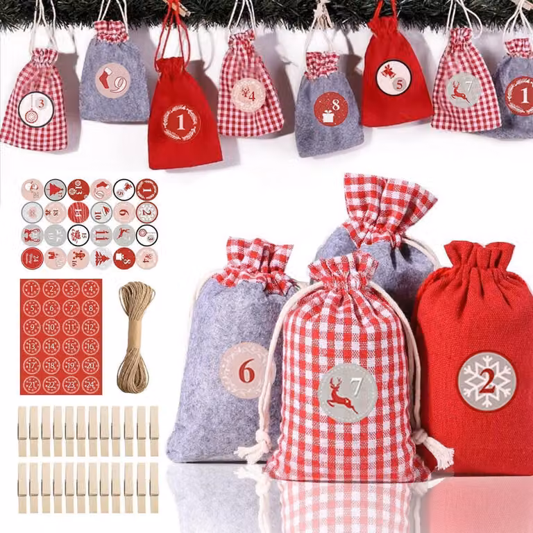 Kit per creare un calendario dell'Avvento fai-da-te: 24 sacchetti di juta con accessori per Natale