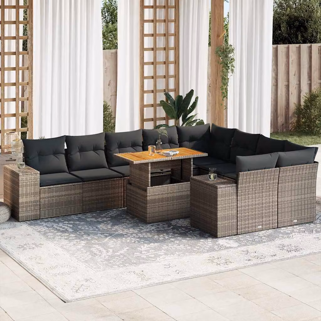Set da giardino vidaXL composto da 10 pezzi con cuscini in polyrattan e legno di acacia color grigio