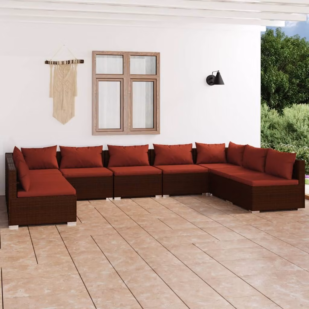 Maison Exclusive - Set da giardino da 9 pezzi con cuscini in polyrattan marrone