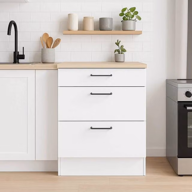 Cassettiera da cucina DMORA Sirea con 3 cassetti soft close, modulo contenitore bianco e rovere, L/P/H: 60 x 60 x 90 cm