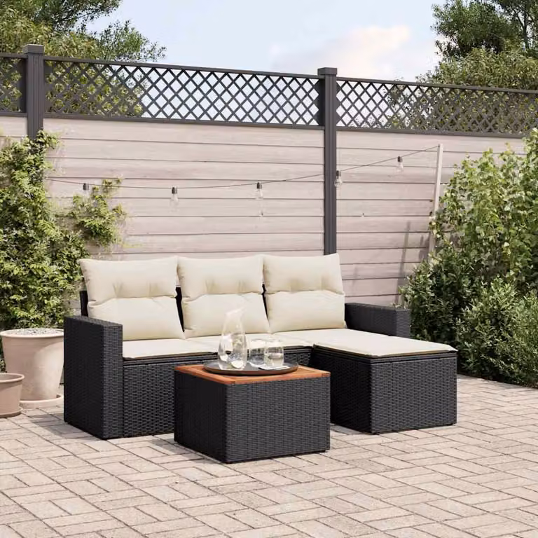vidaXL Set Divani da Giardino a L 5 pz in Polyrattan Nero con Cuscini e Tavolino da Esterno