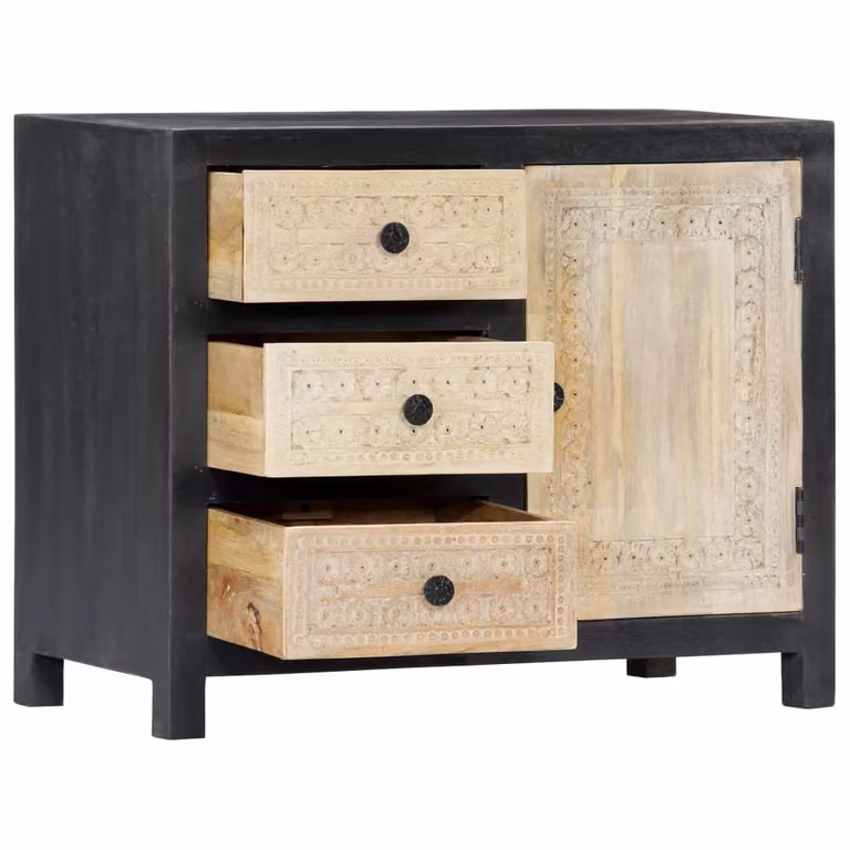 Credenza Intagliata a Mano Grigio 75x35x60 cm Massello di Mango
