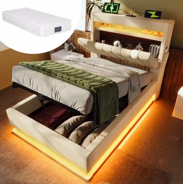 Letto singolo 90x200 cm con contenitore; LED e porte USB; struttura in metallo e lino beige