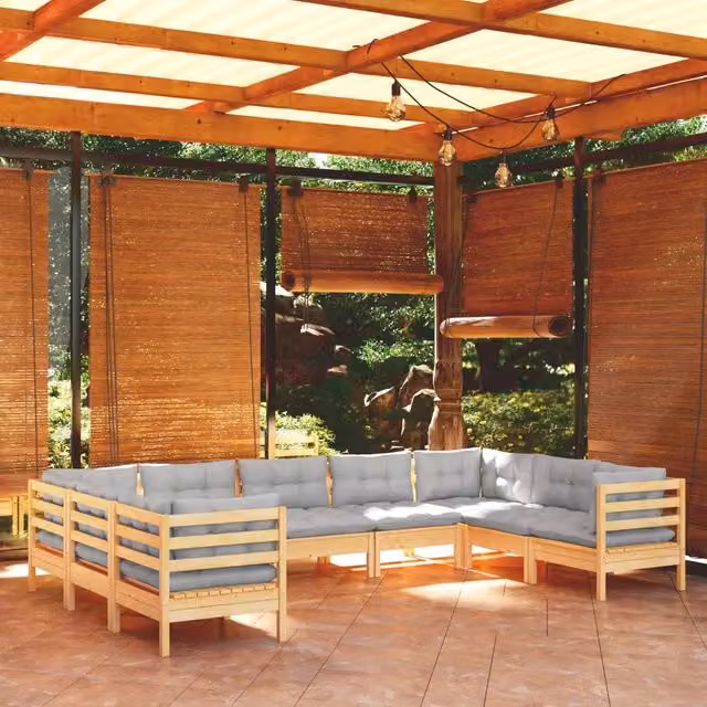 Set Divani da Giardino 9 pz con Cuscini Grigi Massello di Pino 3097318