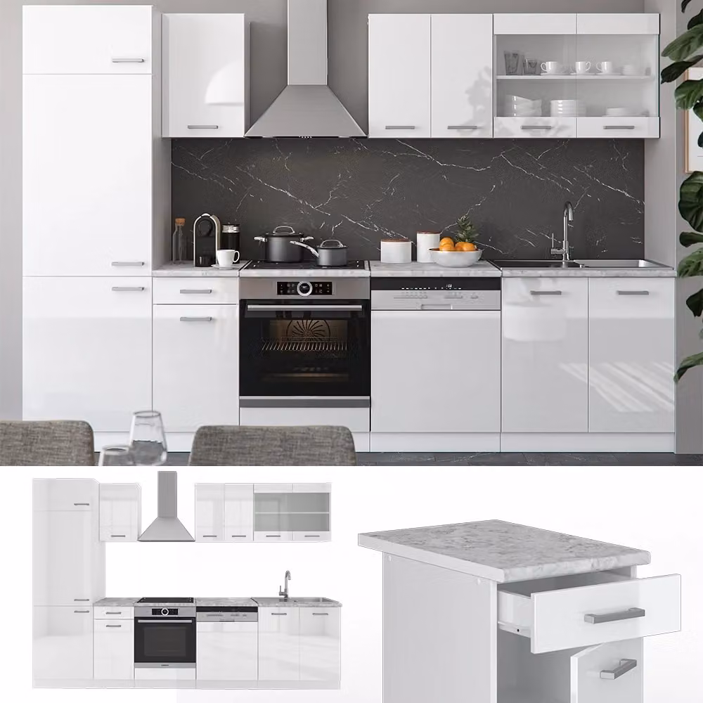 Cucina componibile moderna R-Line Vicco Bianco lucido e Rovere, L: 300 cm – 2