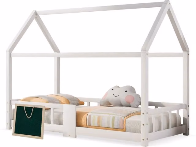 Letto a casetta per bambini 90x200 cm bianco in legno con 2 cassetti e barriera， senza materasso