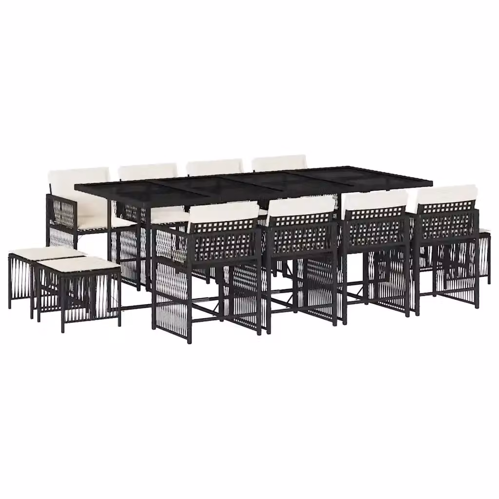 Set da Pranzo da Giardino vidaXL in Polyrattan Nero con Cuscini e Tavolo in Vetro, 13 Pezzi – 2