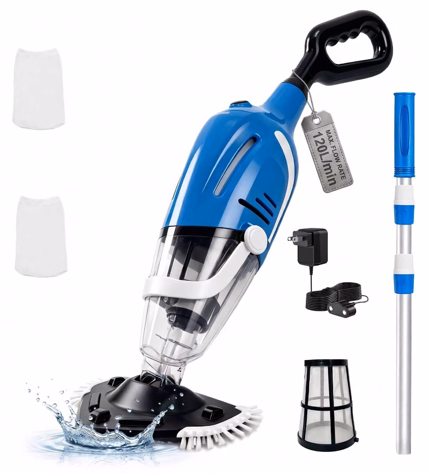 Aspirapolvere per piscina, wireless, a batteria - Potenza di aspirazione: 120 litri/minuto - Capacità del filtro: 1,2 litri - Colore: blu