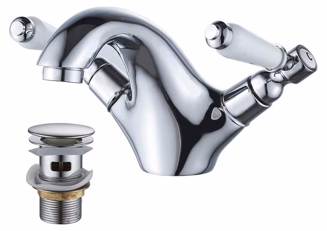 Miscelatore per lavabo a due maniglie con tappo a salvagoccia, cromato, in ottone
