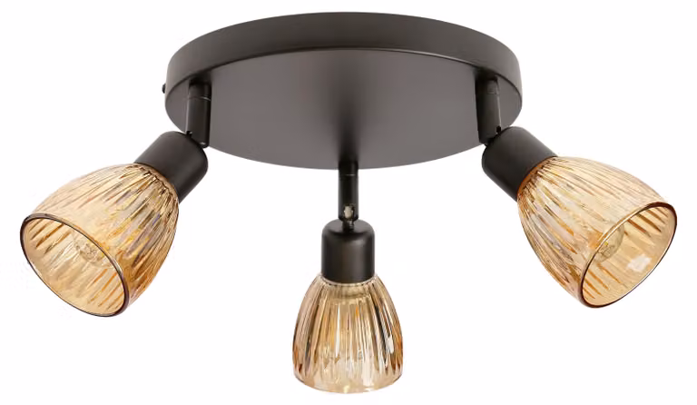Lampada da soffitto con paralumi scanalati color ambra Amcos, nero e ambra, 3xE14x40W, metallo, dimensioni: 16x48x48 cm, IP20, Candellux