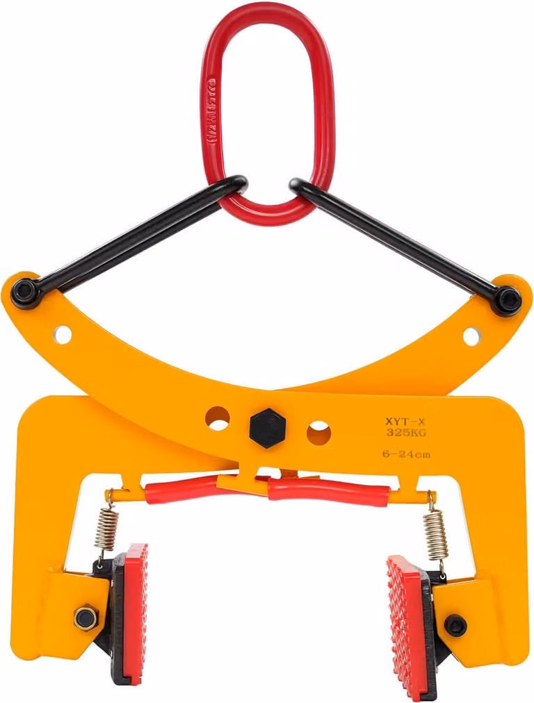 Pinza per sollevare pietre - Sollevatore verticale per pietre - Portata 325 kg - Apertura 6–24 cm - Acciaio al manganese Q355 con cuscinetti in gomma - Giallo