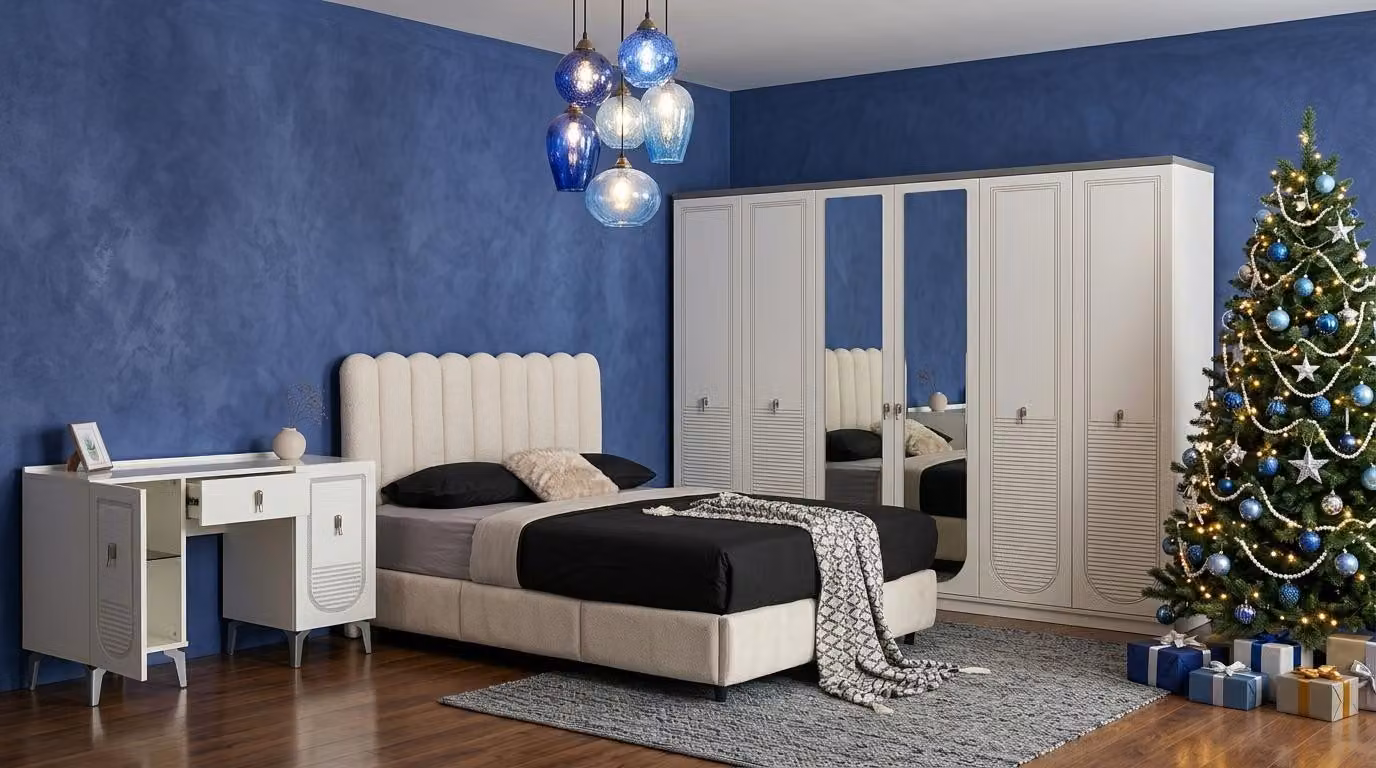 Set per camera da letto: letto, testiera, comodino, armadio. Stile moderno, colore bianco