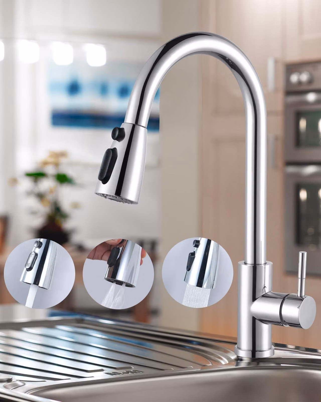 Miscelatore da cucina estraibile, con 3 tipi di getto, rotazione a 360°, finitura cromata