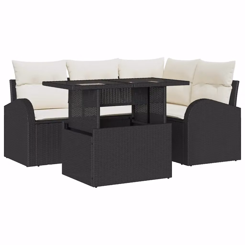 Set Divano da Giardino vidaXL a Forma di L con 5 Pezzi, Nero, con Cuscini e Tavolino, Struttura in Metallo e Rattan – 2
