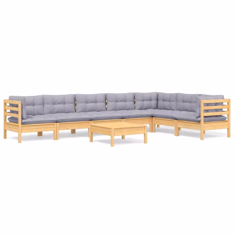 Set Divani da Giardino 8 pz con Cuscini Grigi Massello di Pino