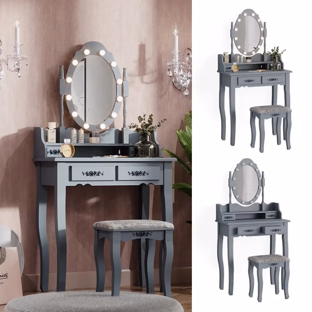 Tavolo da toeletta Maggie Vicco Grigio con illuminazione LED e sgabello – 2