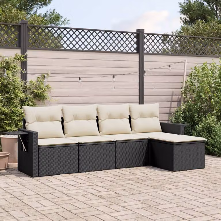 vidaXL Set Divani da Giardino a L 5 pz in Polyrattan Nero con Cuscini e Tavolino