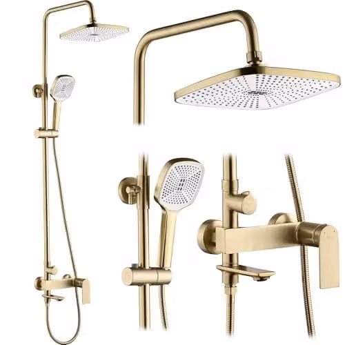 Rea - Colonna Doccia Storm Gold Brush Sistema Doccia In Ottone Per Bagno (Oro Spazzolato) 45x30x136cm