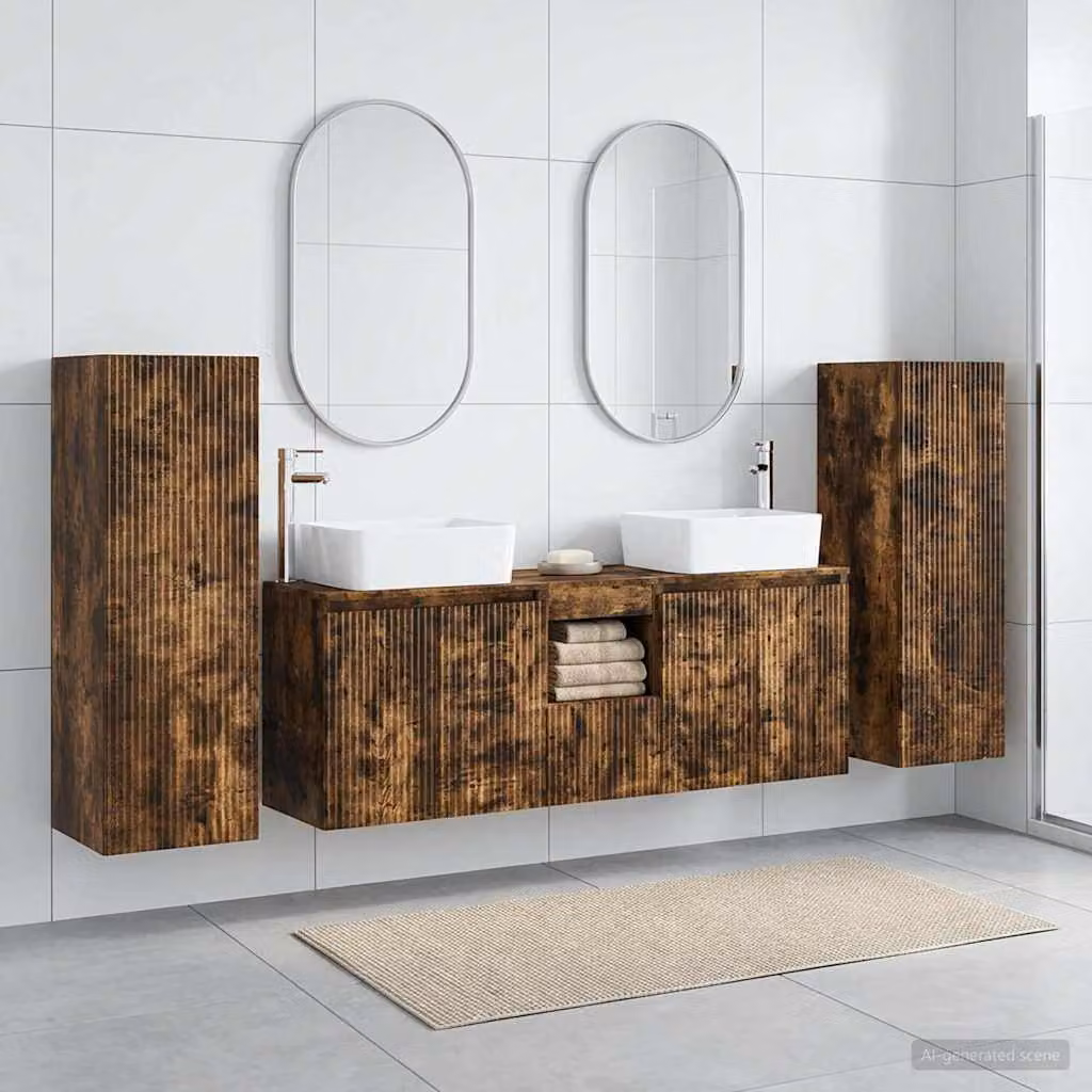 Set di mobili per il bagno moderno vidaXL in legno Rovere Fumo, composto da 5 pezzi con mobile lavabo e pensili, L/P/H: 33 x 34,5 x 100 cm