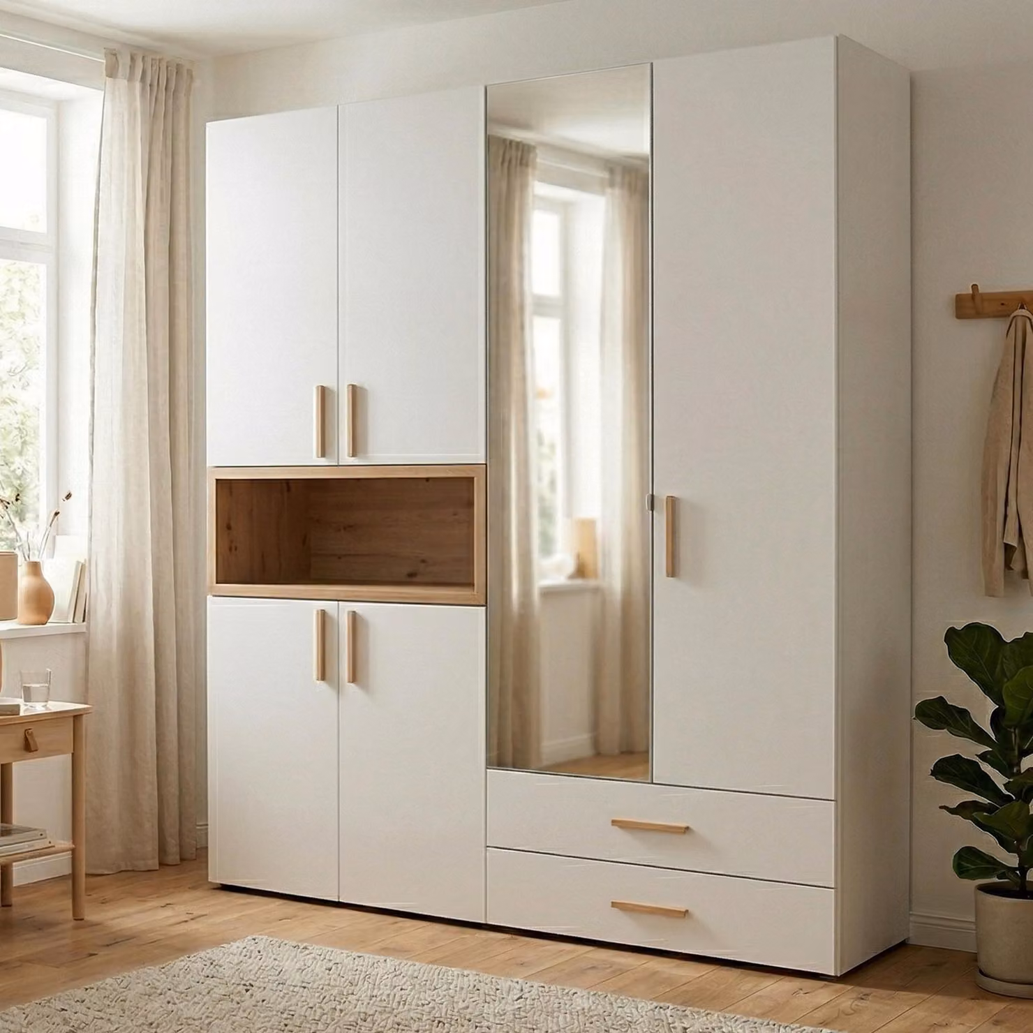 Dmora Guardaroba Grande Merlino 179x227h cm Bianco, 4 Ripiani 2 Cassetti