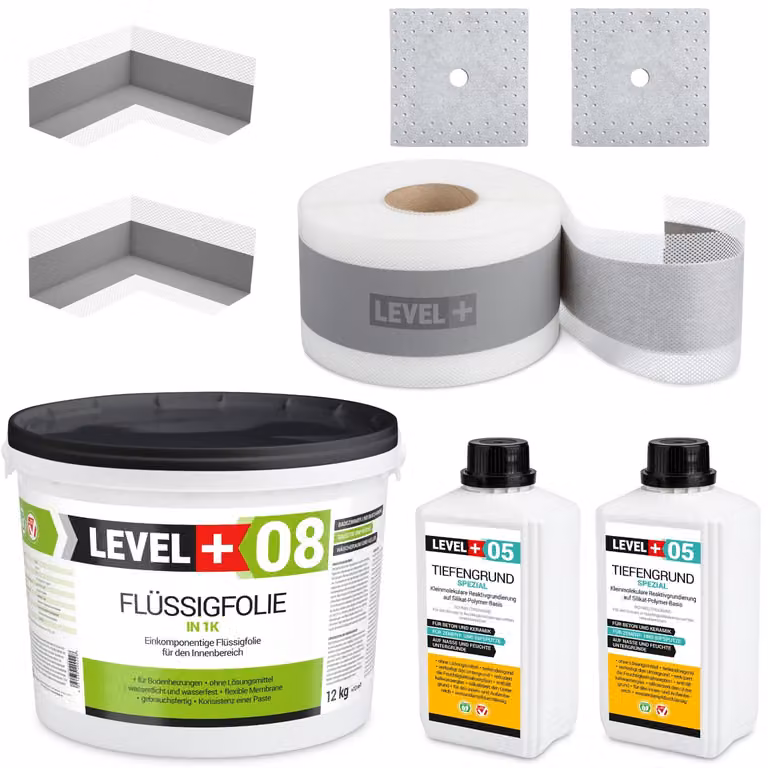 Kit di impermeabilizzazione Pellicola liquida 12kg Nastro sigillante 10mb Primer 2L - LEVEL+ SET19