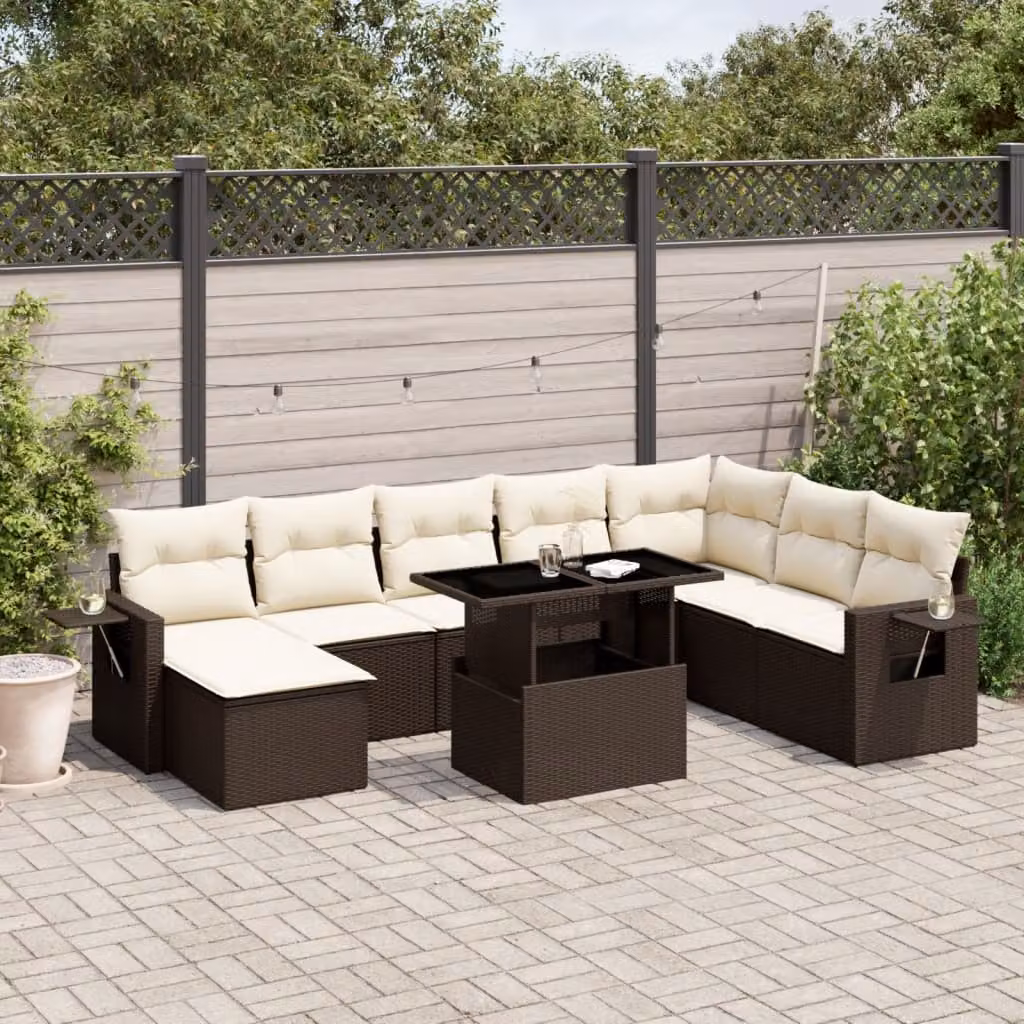 vidaXL Set Divani da Giardino a L in Polyrattan Marrone con 9 Pezzi e Cuscini Imbottiti – 1