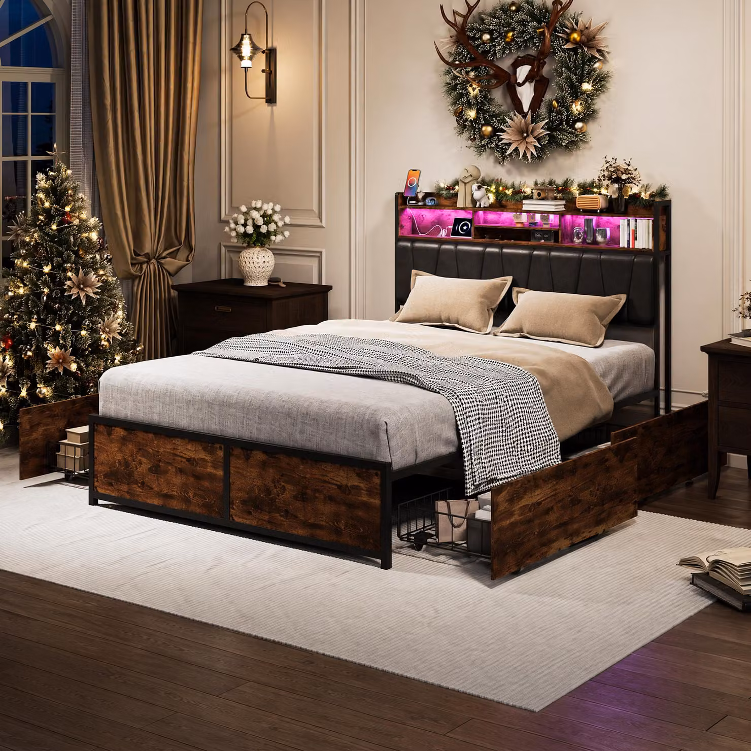 Letto contenitore 140x200 cm, letto con spazio contenitore, 4 cassetti, letto imbottito con LED e USB, struttura del letto matrimoniale con rete a doghe, letto per ragazzi, colore nero, materiale: PU