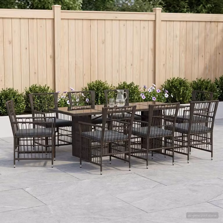 Set da pranzo per esterni vidaXL in polyrattan nero e grigio con tavolo rettangolare in vetro, 9 pezzi