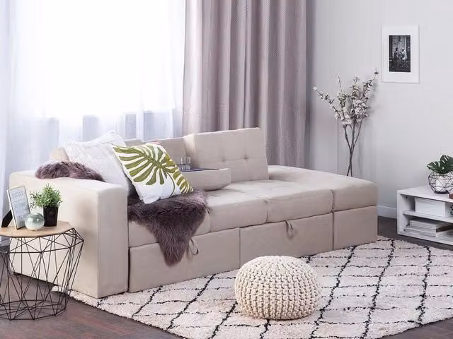 Divano letto componibile Pouf contenitore beige Cassetti estraibili Click Clack Vassoio ribaltabile Portabicchieri